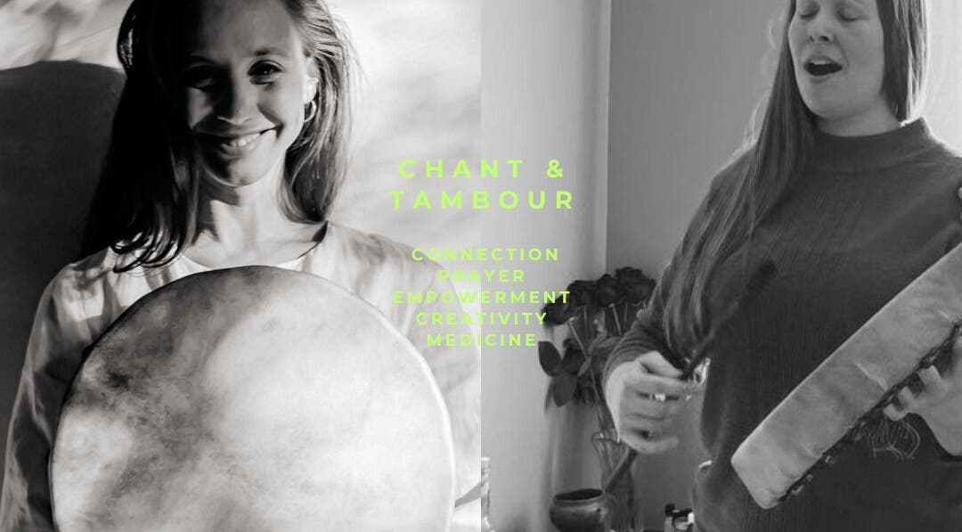 Chant et tambour à Amparo ૐ, Montréal, Québec, CA, soulignant la connexion et la créativité.