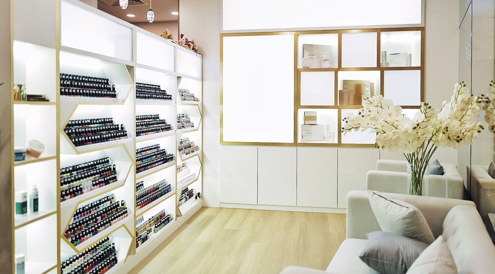 Lush & Glow shelves displaying beauty products in a stylish setting, Singapore, Singapore, SG.