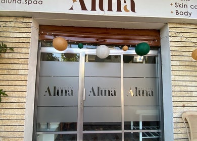 Front entrance of Aluna Spa in Kfarhim, Mount Lebanon, LB adorned with colorful globe lights.