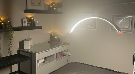 Peaceful treatment room at Angelica’s Glow Bar in Maple Ridge, British Columbia, CA with elegant decor.
