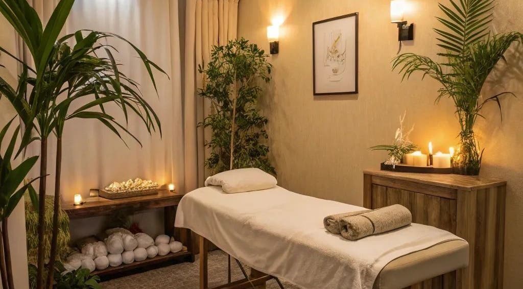 Tranquil therapy room at NIHETSKN, Abuja, Federal Capital Territory, NG with candles, plants, and massage table.