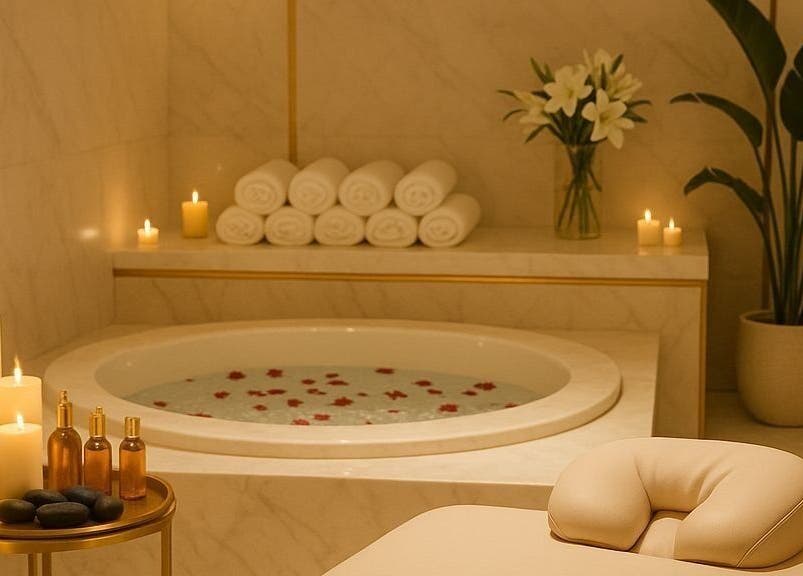 Relaxing spa bathtub with candles and flowers at NIHETSKN, Abuja, Federal Capital Territory, NG for ultimate wellness.