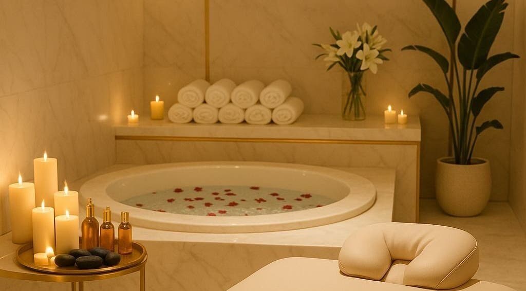 Relaxing spa bathtub with candles and flowers at NIHETSKN, Abuja, Federal Capital Territory, NG for ultimate wellness.