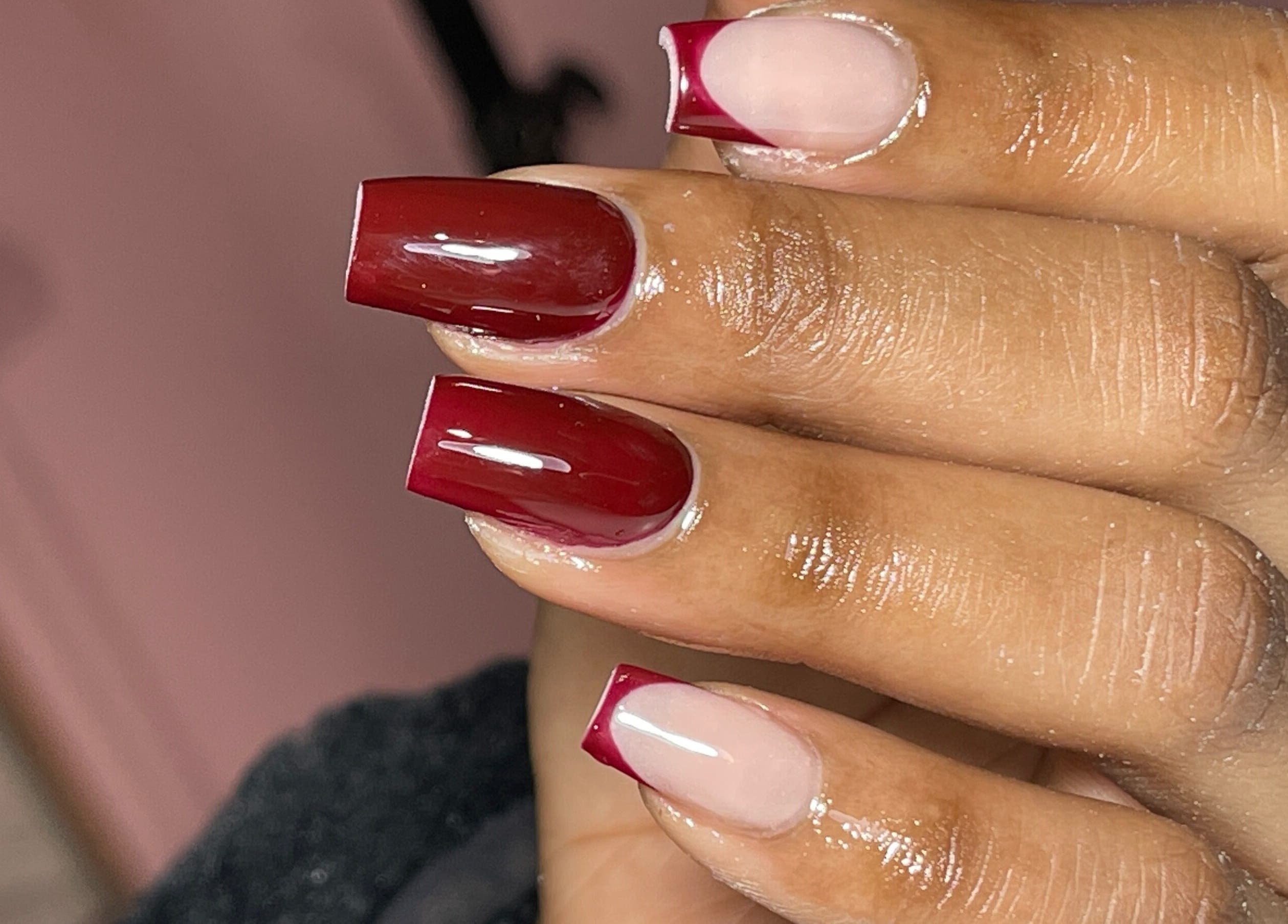 Elegant crimson nails at Milees Beauty Studio, Pretoria, Gauteng, ZA showcasing a chic manicure style.