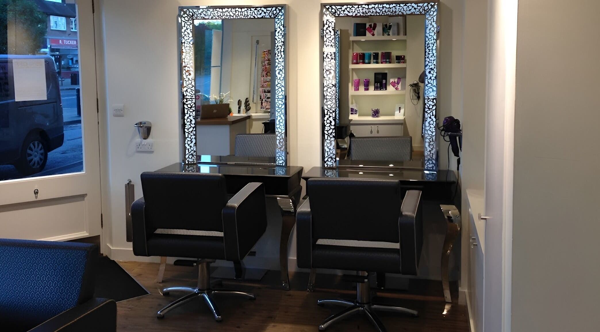 Elegant interior at Ben Forrest Hair Salon Ham, Kingston upon Thames, England, GB showcasing stylish mirrored stations.