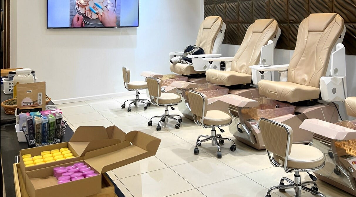 Sky Nails pedicure chairs and products in Zionsville, Indiana, US, offering a relaxing atmosphere.