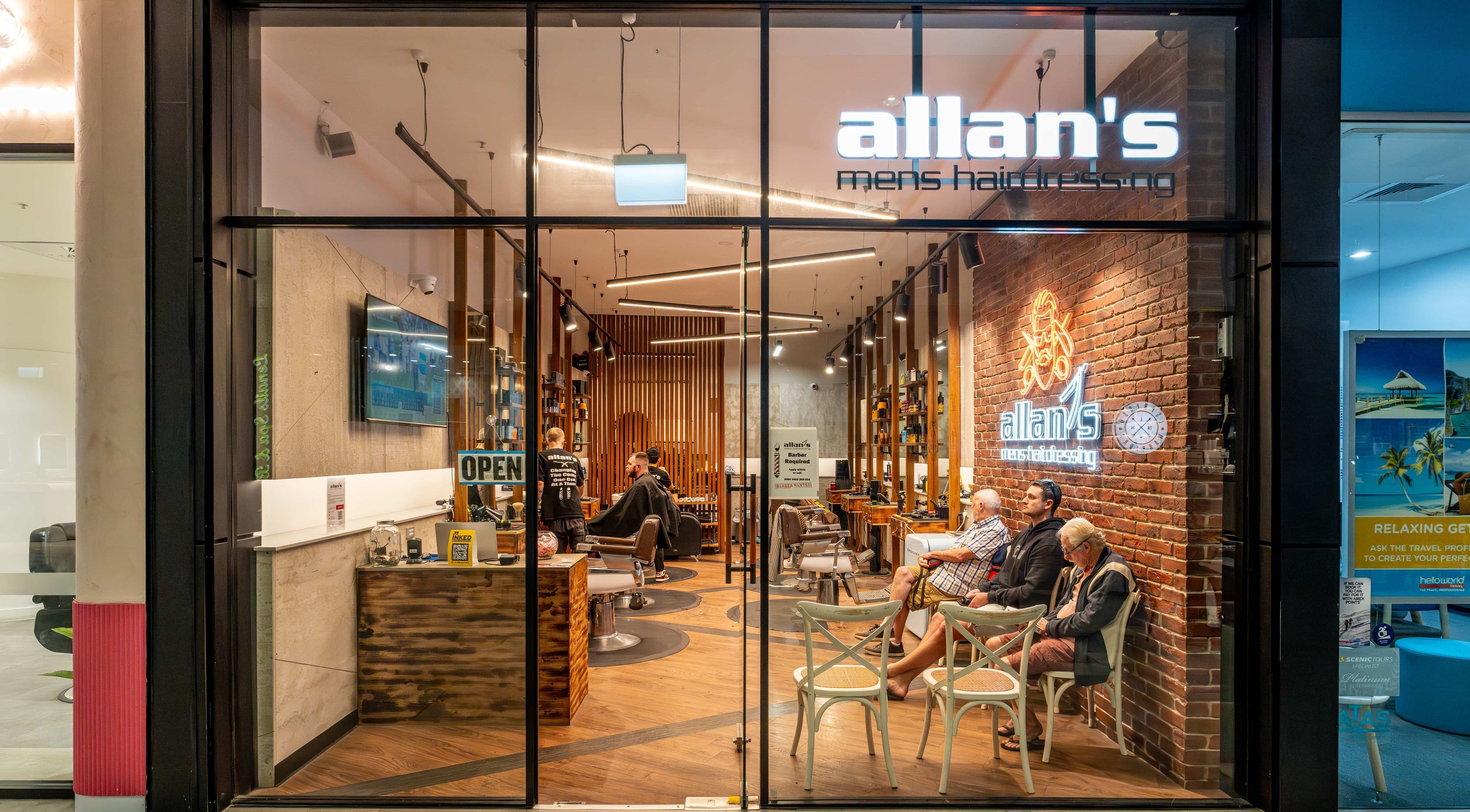Interior of Allan's Men's Hairdressing Lakehaven, showcasing modern barbershop in Lake Haven, New South Wales, AU.