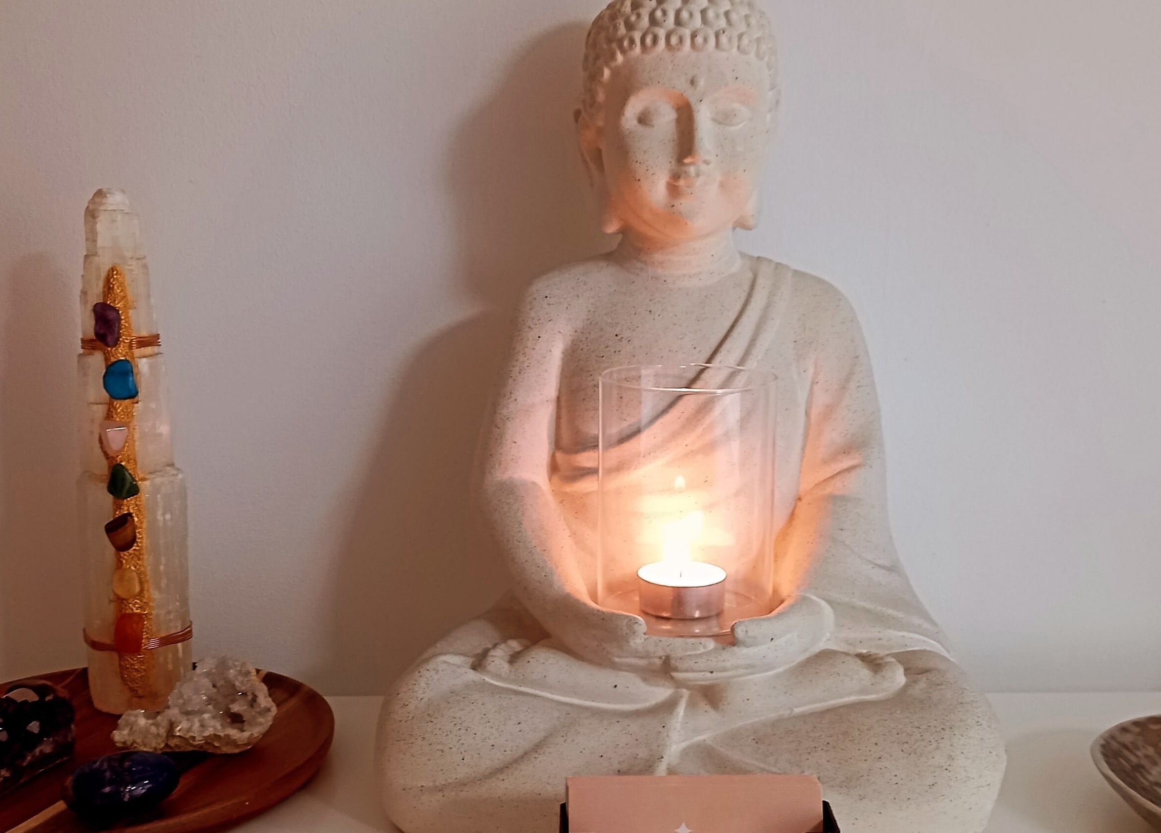 Tranquil Buddha statue and crystals at Skin2Sole, Wath Upon Dearne, England, GB.