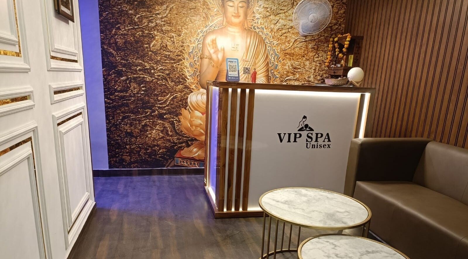 VIP Spa (Unisex) reception area with Buddha decor, Gurugram, Haryana, IN. Inviting and tranquil ambiance.