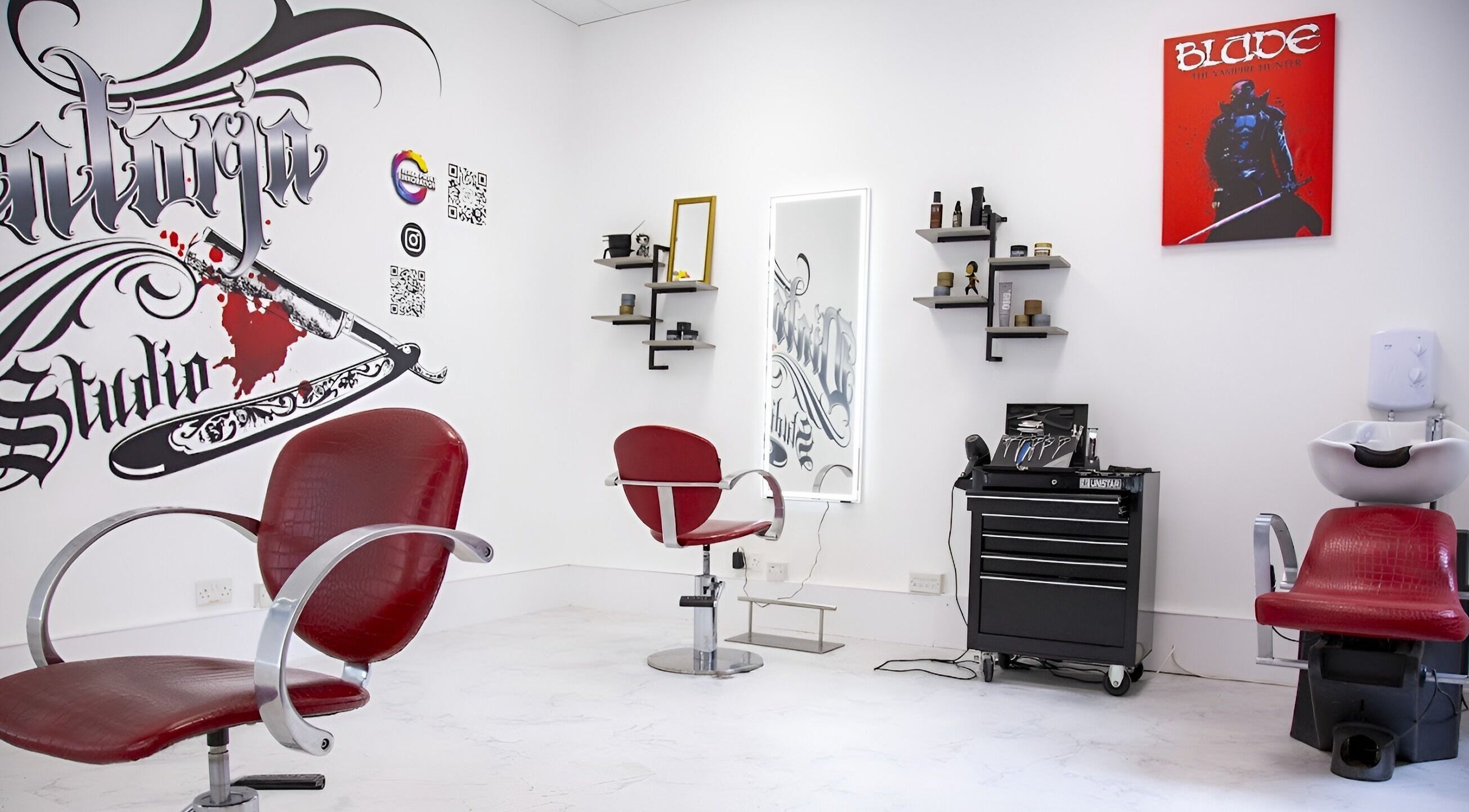 Modern salon chairs and stylish decor at Dintojra Studio, Glasgow, Scotland, GB.
