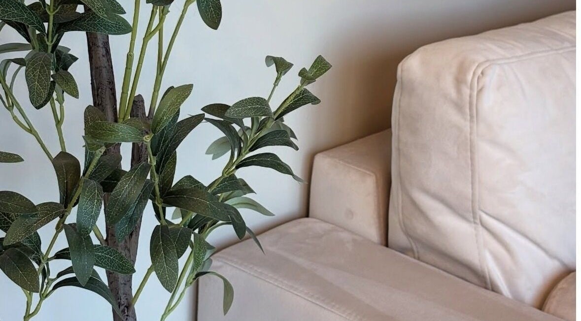 Stylish beige sofa and lush plant at Nails by Evangelia, Pontefract, England, GB.