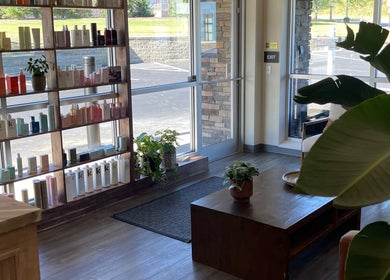 Alora Salon entrance with product shelves and plants, Pittsburgh, Pennsylvania, US.