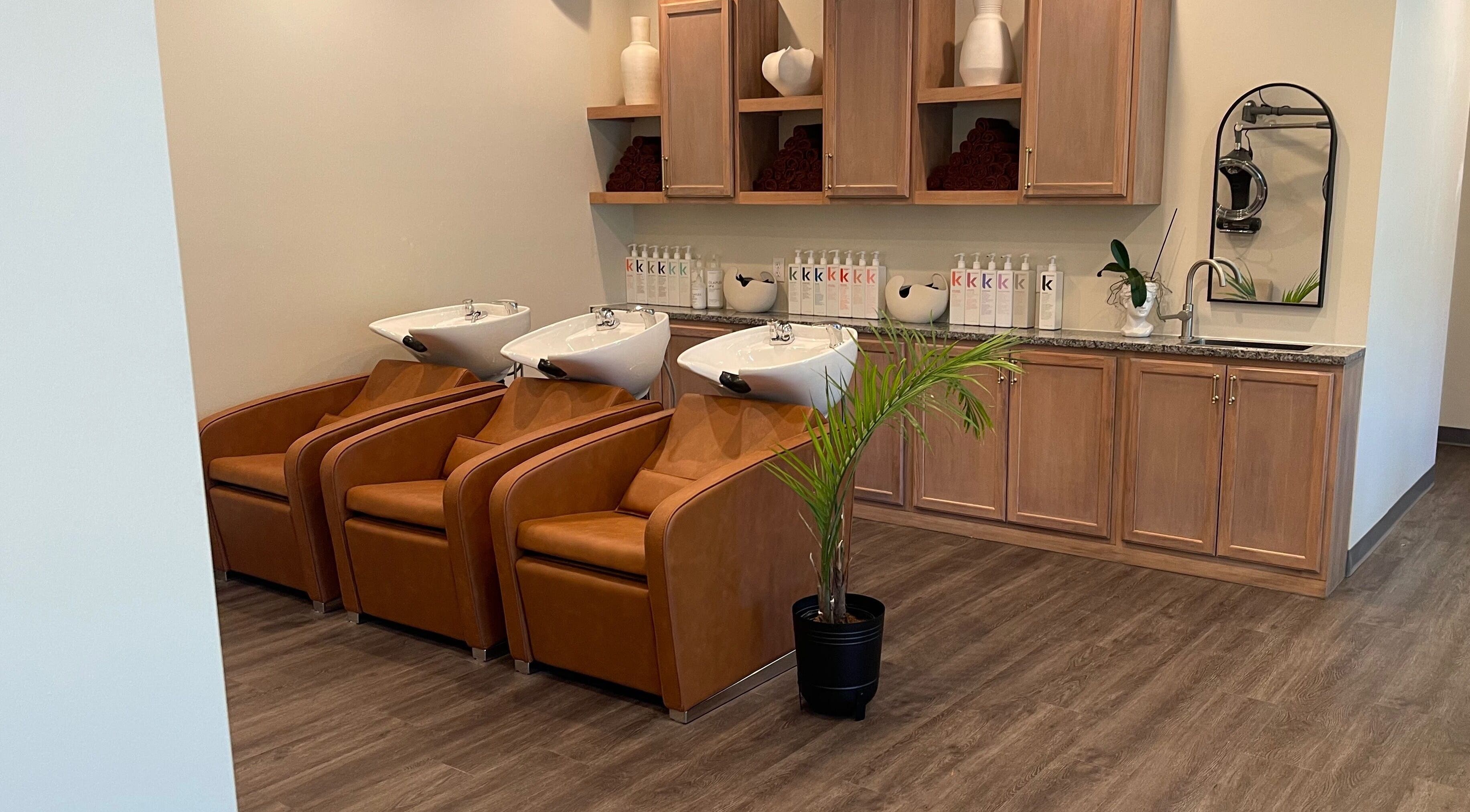 Luxurious hair washing area at Alora Salon, Pittsburgh, Pennsylvania, US with sleek chairs and modern decor.
