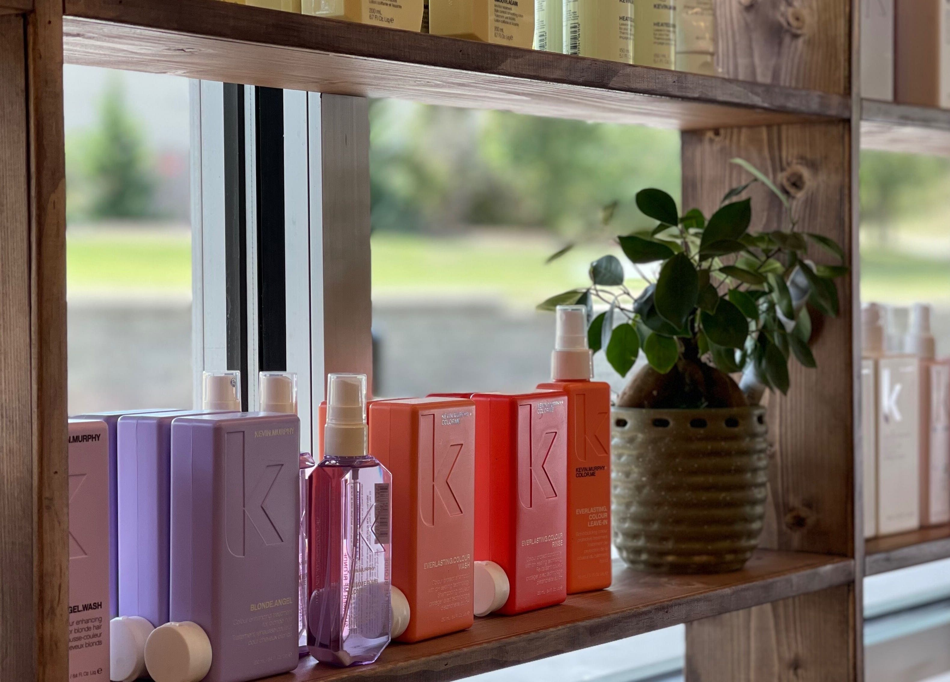 Alora Salon's curated shelf with Kevin Murphy products in Pittsburgh, Pennsylvania, US.