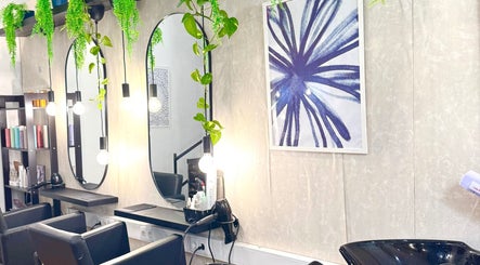 Espelho elegante no Studio DeVitto, Amadora, Lisboa, PT, decorado com plantas pendentes e luzes modernas.