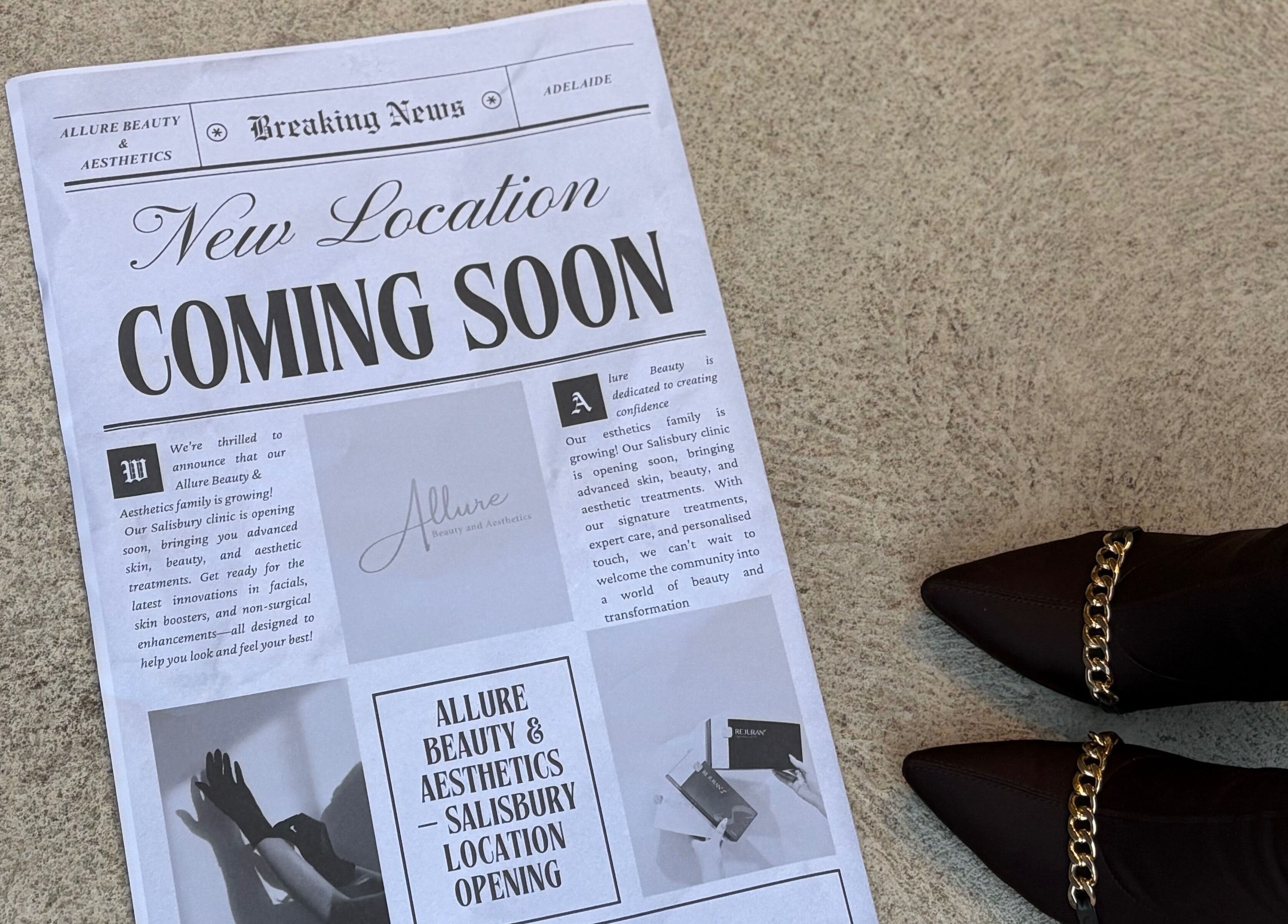 Newspaper announcing Allure Beauty and Aesthetics Paralowie's upcoming location in Paralowie, South Australia, AU.