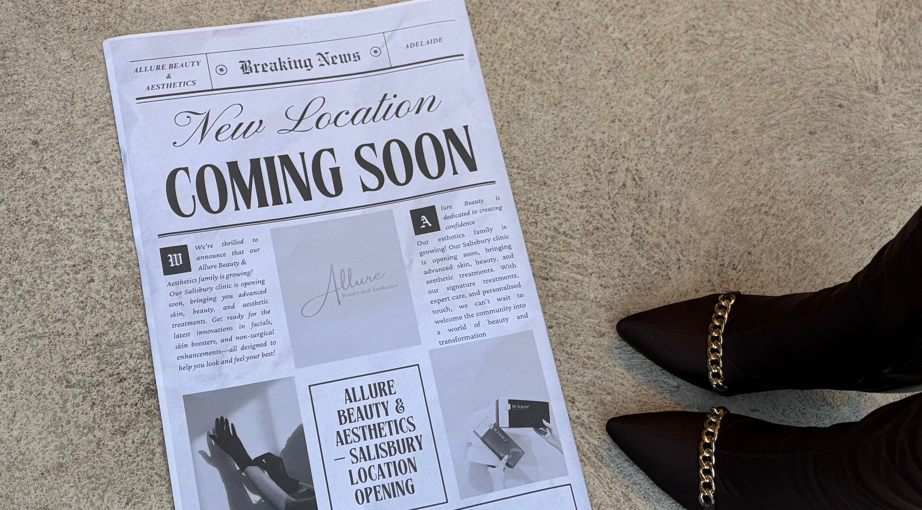 Newspaper announcing Allure Beauty and Aesthetics Paralowie's upcoming location in Paralowie, South Australia, AU.