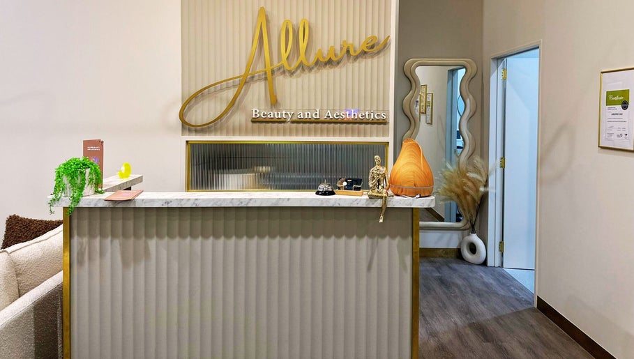 Reception desk at Allure Beauty and Aesthetics, Murray Bridge, South Australia, AU. Modern decor and welcoming atmosphere.