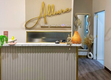 Reception desk at Allure Beauty and Aesthetics, Murray Bridge, South Australia, AU. Modern decor and welcoming atmosphere.