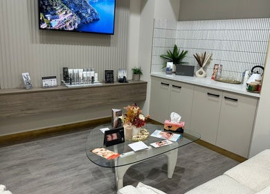 Cozy interior of Allure Beauty and Aesthetics, Murray Bridge, South Australia, featuring skincare displays.