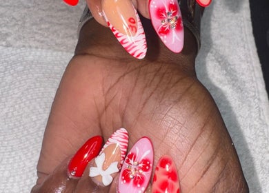 Bright floral nail art at Lavish Klawz and Nail Supplies Limited, Kingston, St. Andrew Parish, JM.