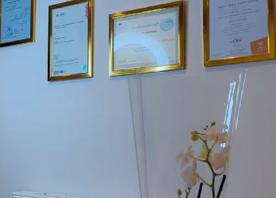 Certificates on the wall at The Bloom Aesthetics, Hereford, England, GB, highlighting expertise and professionalism.