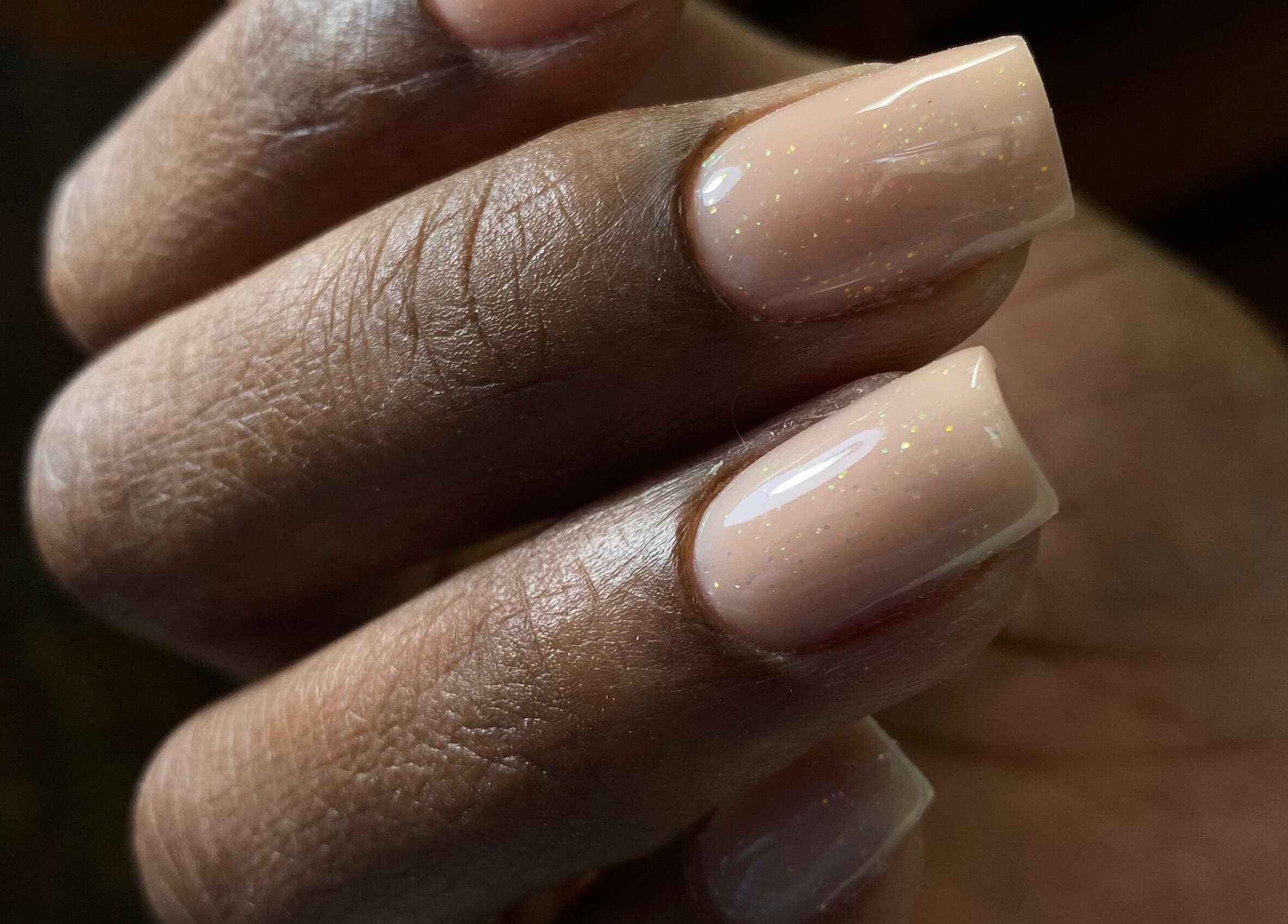 Elegant neutral nails with sparkle at Gels by Mari, Rustenburg, North West, ZA.