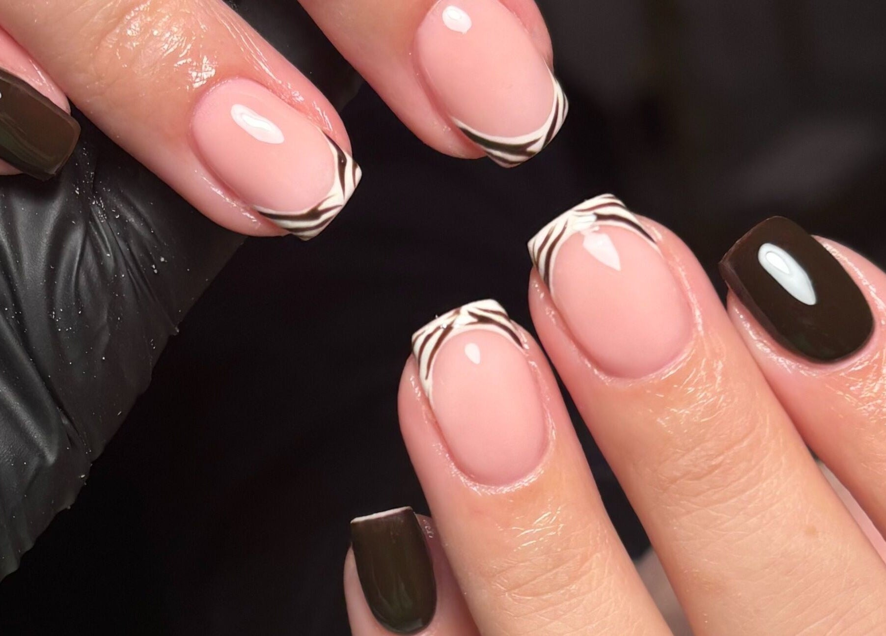 Elegant zebra and dark nail design at Nailed it. by Libby Randall, Rugeley, England, GB.