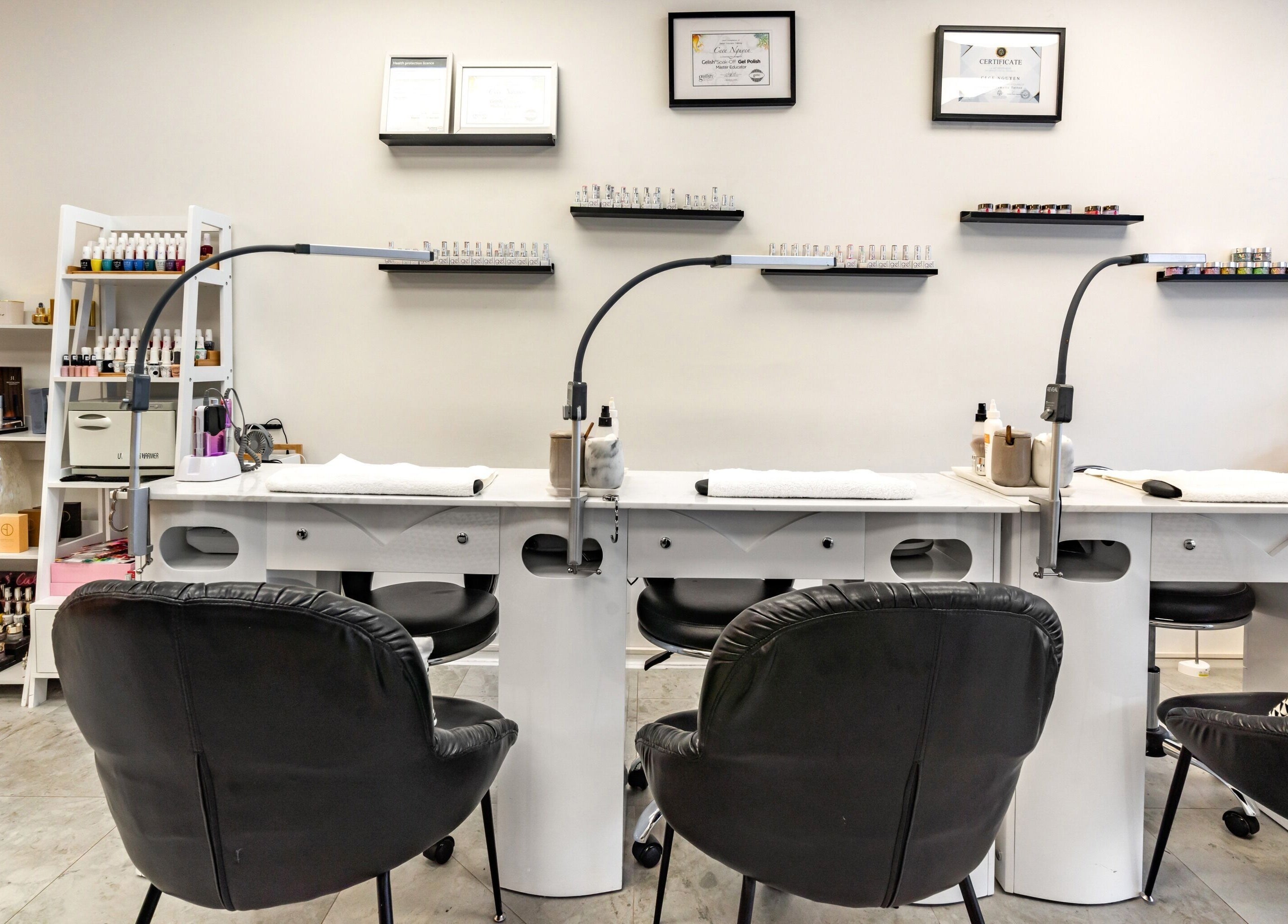 Elegant nail stations at Flutter & Co, Auckland, Auckland, NZ, showcasing a professional beauty setup.