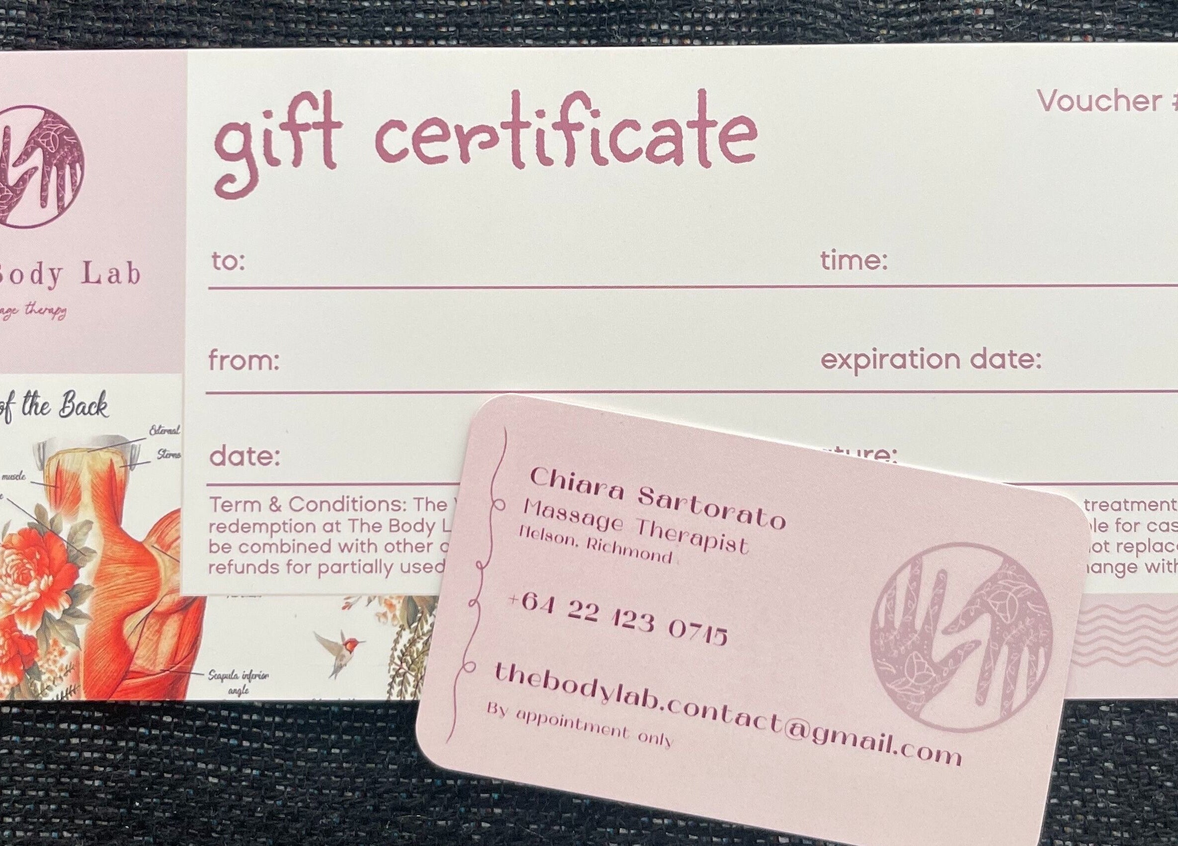 The Body Lab gift certificate in Richmond, Tasman Region, NZ, featuring massage therapy details.