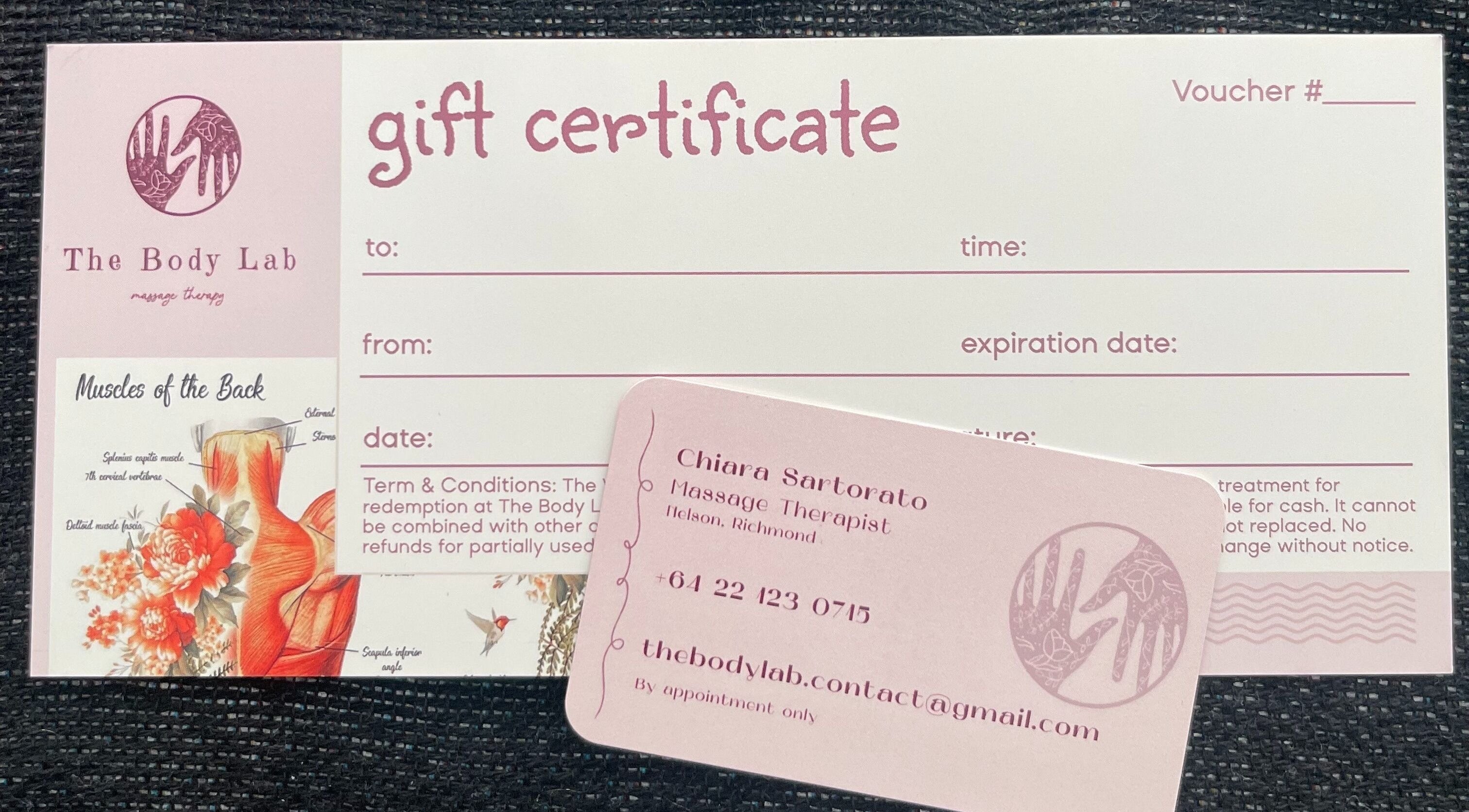 The Body Lab gift certificate in Richmond, Tasman Region, NZ, featuring massage therapy details.