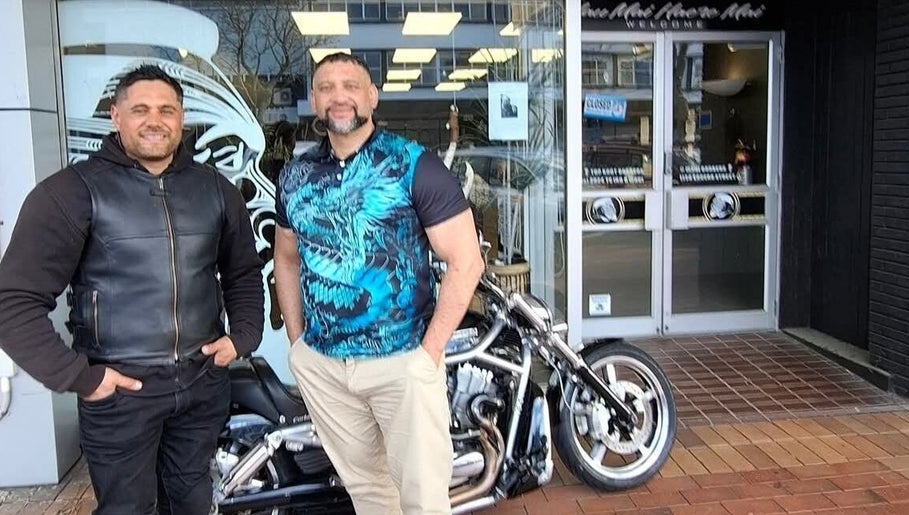 MAUI BARBERS ROTORUA entrance with a motorcycle accent in Rotorua, Bay Of Plenty, NZ.