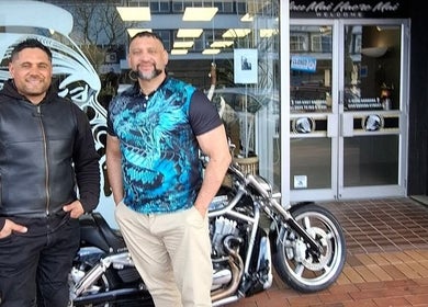 MAUI BARBERS ROTORUA entrance with a motorcycle accent in Rotorua, Bay Of Plenty, NZ.