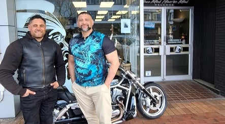 MAUI BARBERS ROTORUA entrance with a motorcycle accent in Rotorua, Bay Of Plenty, NZ.
