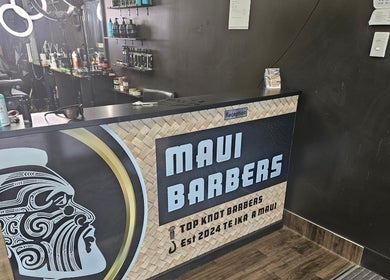 Reception area of Maui Barbers Rotorua, showcasing a modern design in Rotorua, Bay Of Plenty, NZ.