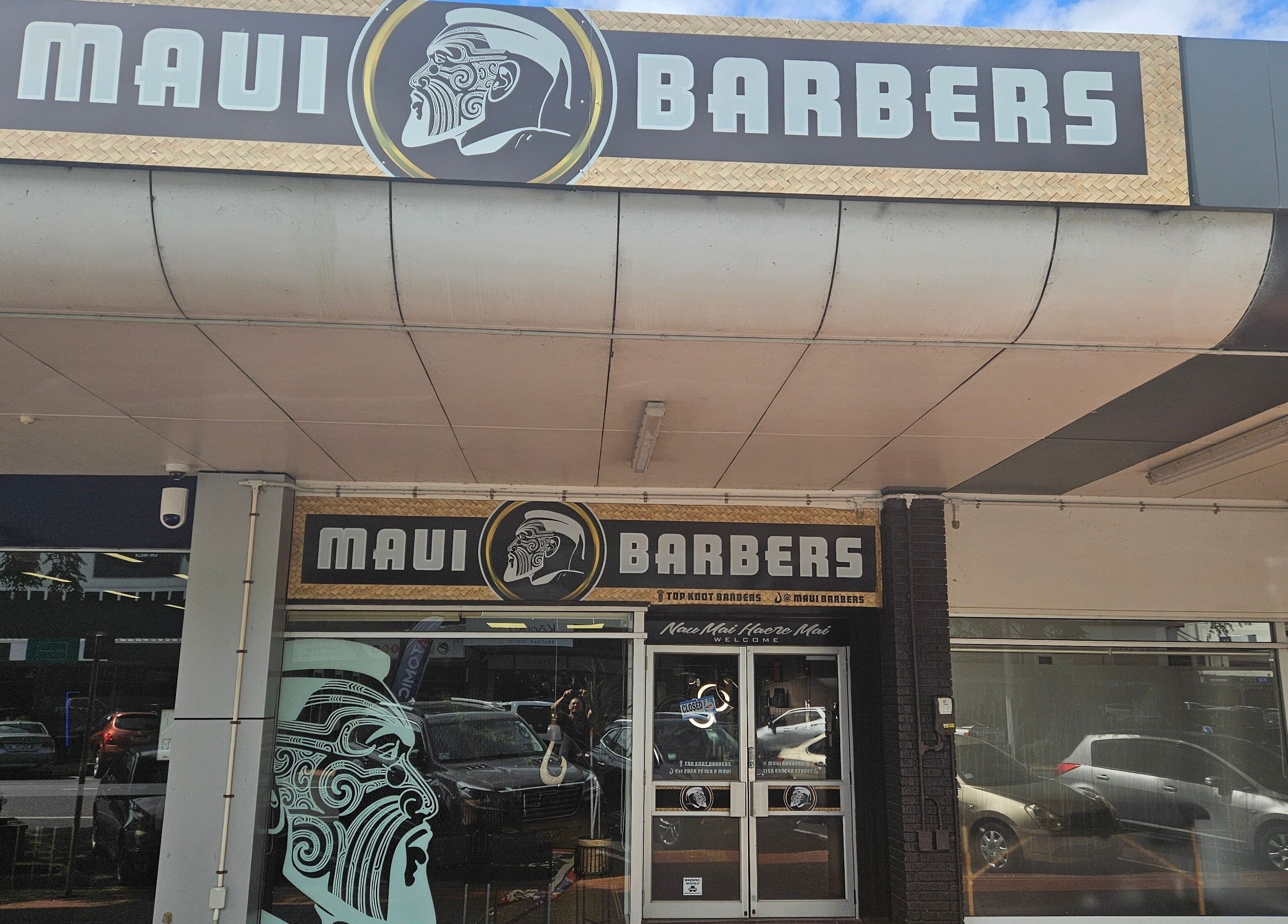 Front view of Maui Barbers Rotorua, located in Rotorua, Bay Of Plenty, NZ, featuring bold signage.