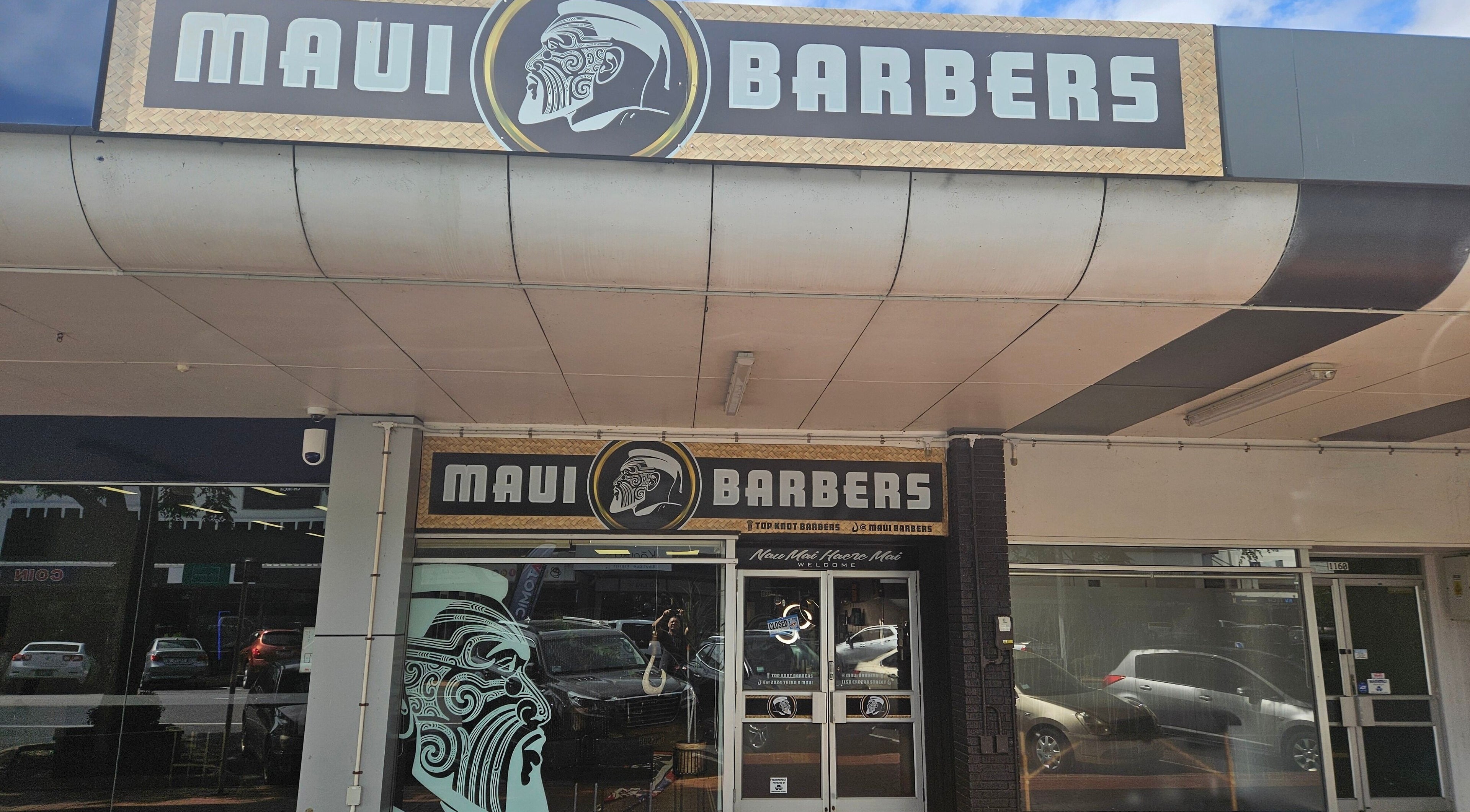 Front view of Maui Barbers Rotorua, located in Rotorua, Bay Of Plenty, NZ, featuring bold signage.
