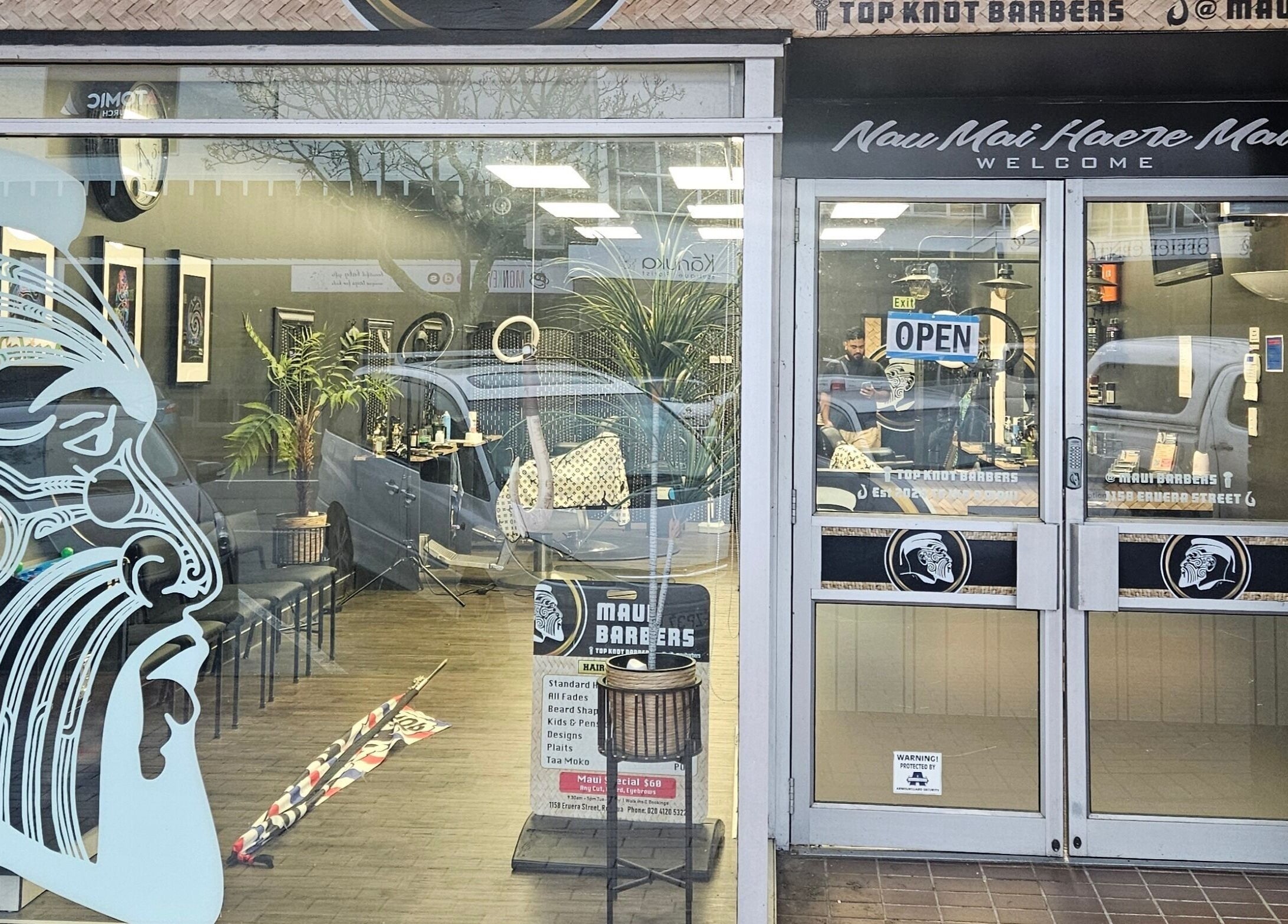 Front view of Maui Barbers Rotorua showcasing the unique Maori design in Rotorua, Bay Of Plenty, NZ.
