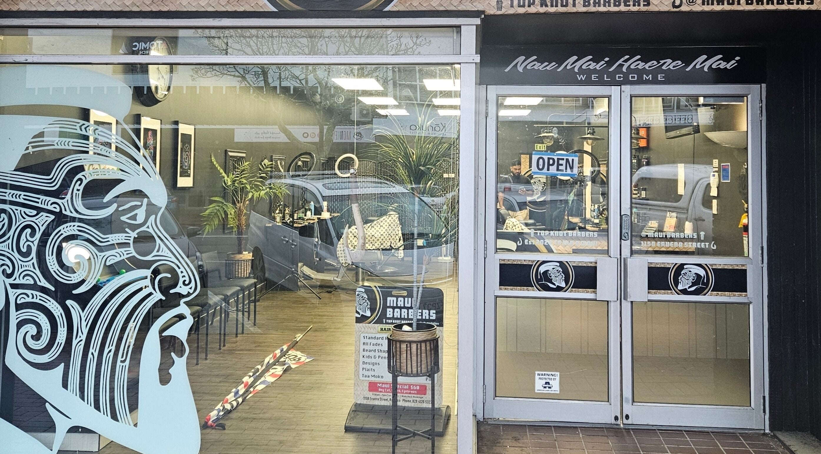 Front view of Maui Barbers Rotorua showcasing the unique Maori design in Rotorua, Bay Of Plenty, NZ.