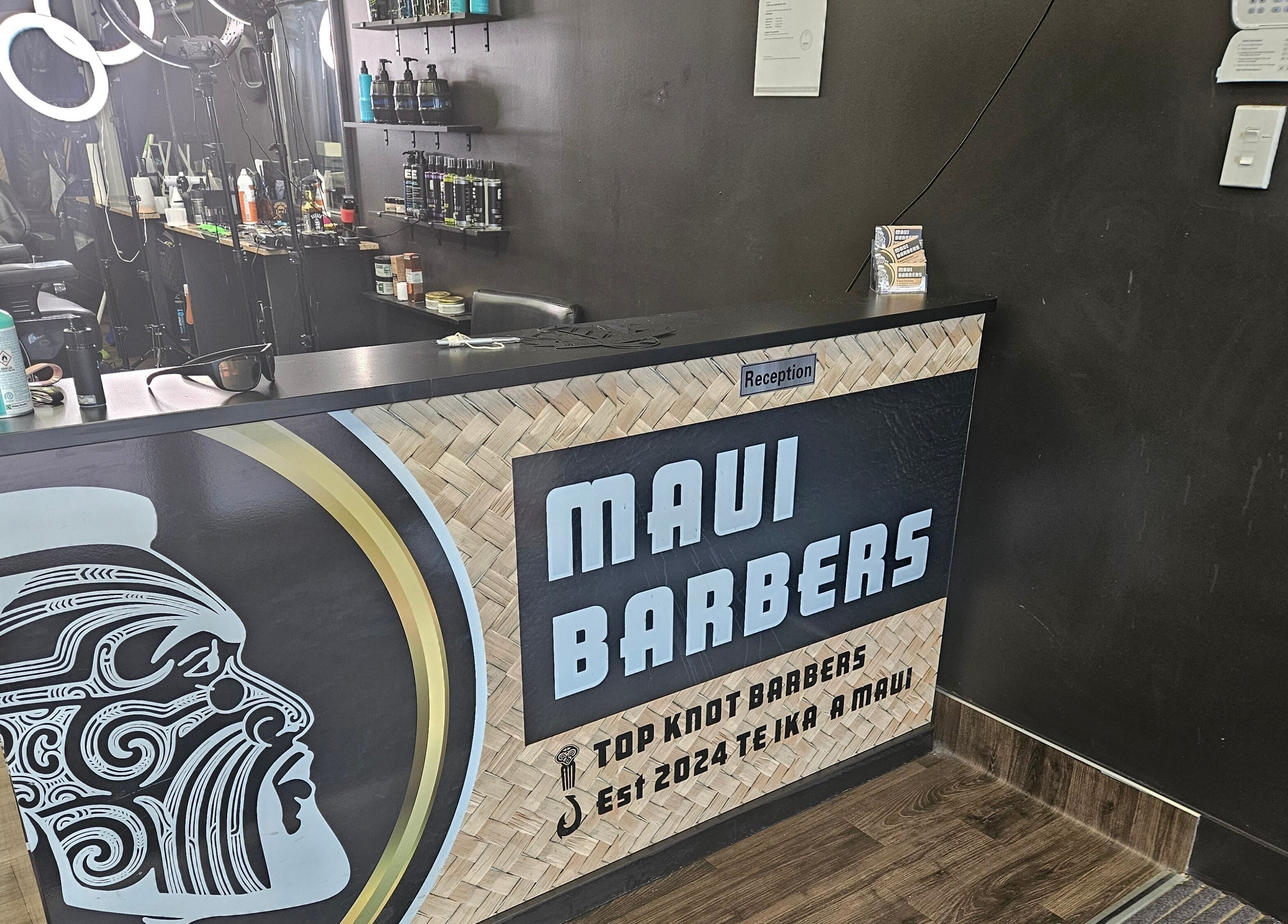 Reception area at Maui Barbers Rotorua, Rotorua, Bay Of Plenty, NZ with modern decor and equipment.