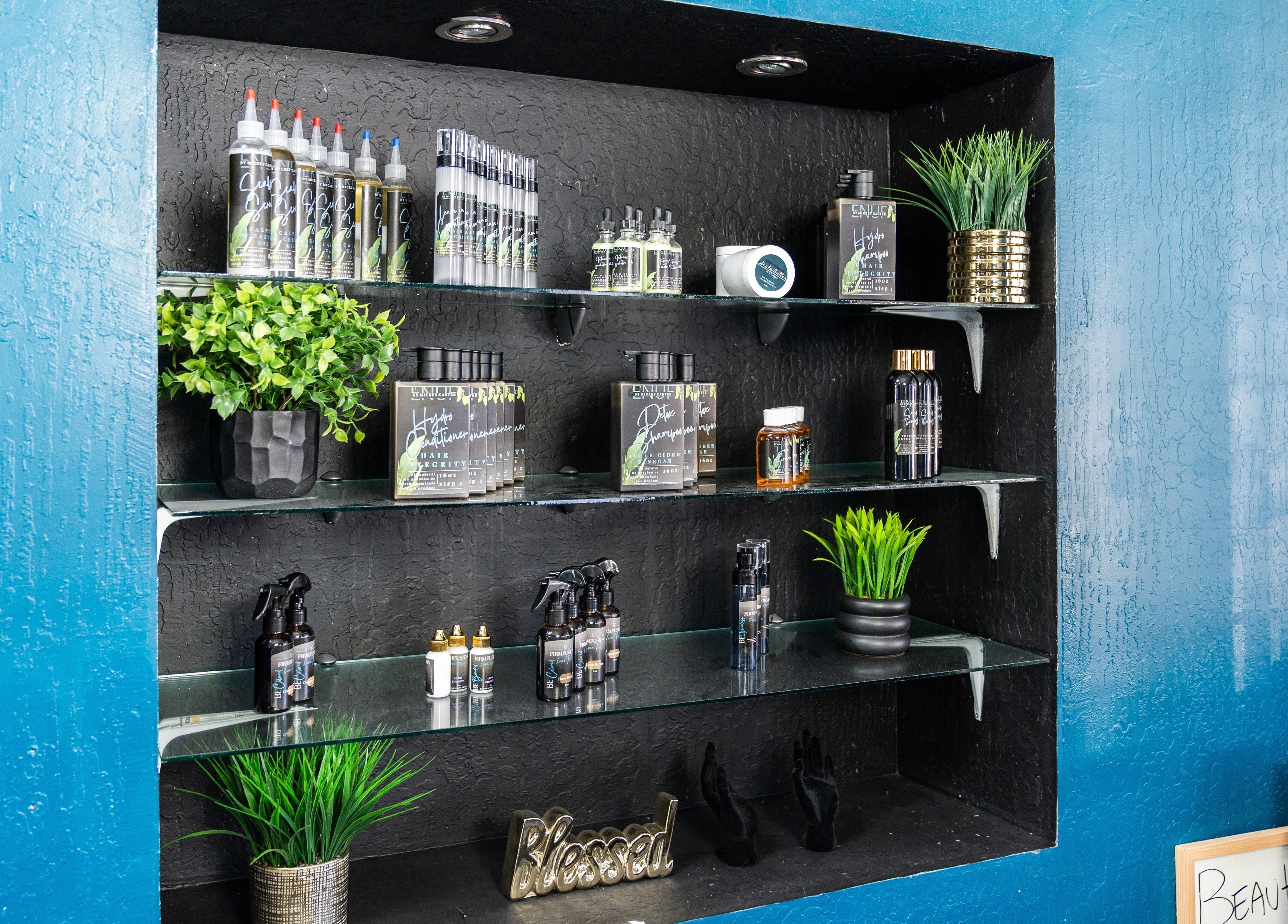 Stylish beauty products on display at Beauti Logic, Antioch, California, US, enhancing the vibrant blue decor.