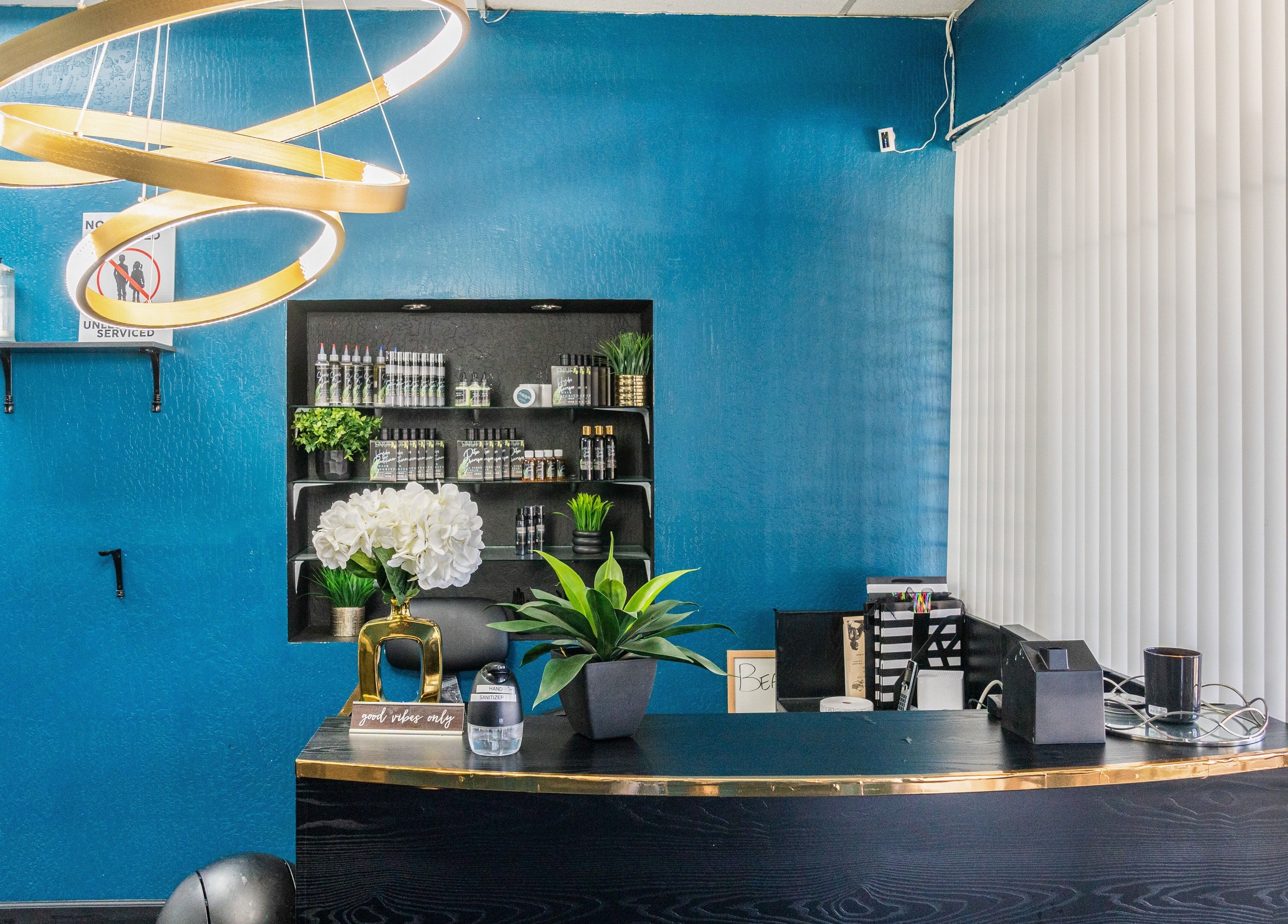 Elegant reception at Beauti Logic, Antioch, California, US with modern lighting and stylish decor.