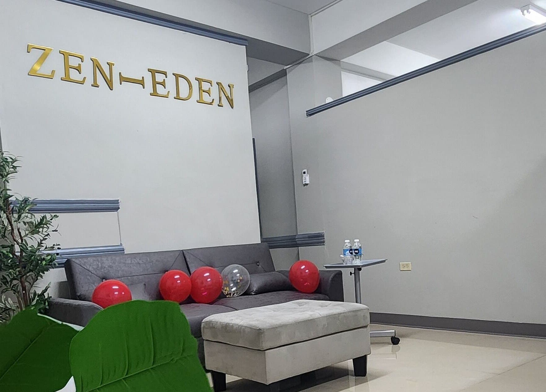 Welcoming lounge at Zen Eden Lounge and Spa, Montego Bay, St. James Parish, JM with elegant decor and comfy seating.