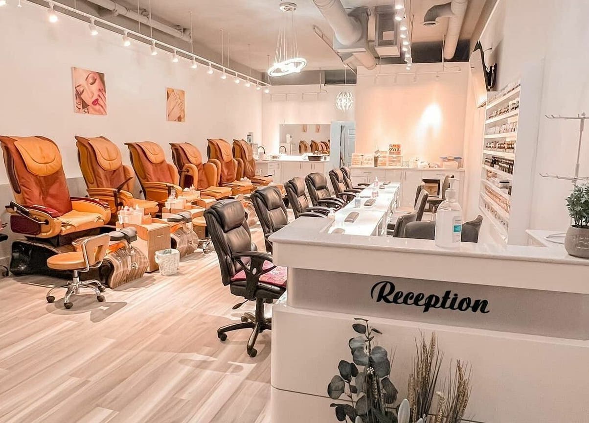 Luxurious seating at Lexi Nails & Spa, Airdrie, Alberta, CA, showcasing comfort and style in a calm ambiance.