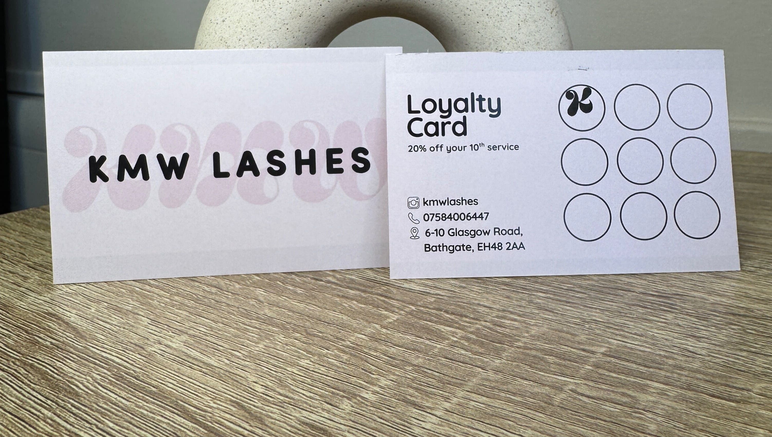 KMW Lashes loyalty card with address in Bathgate, Scotland, GB.