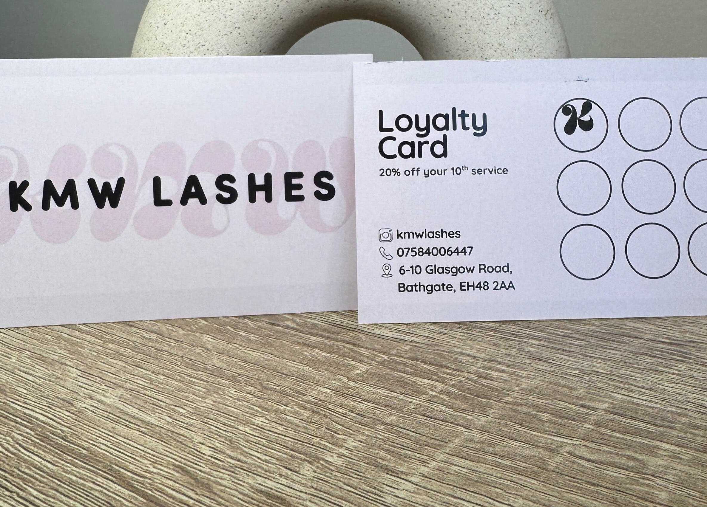 KMW Lashes loyalty card with address in Bathgate, Scotland, GB.