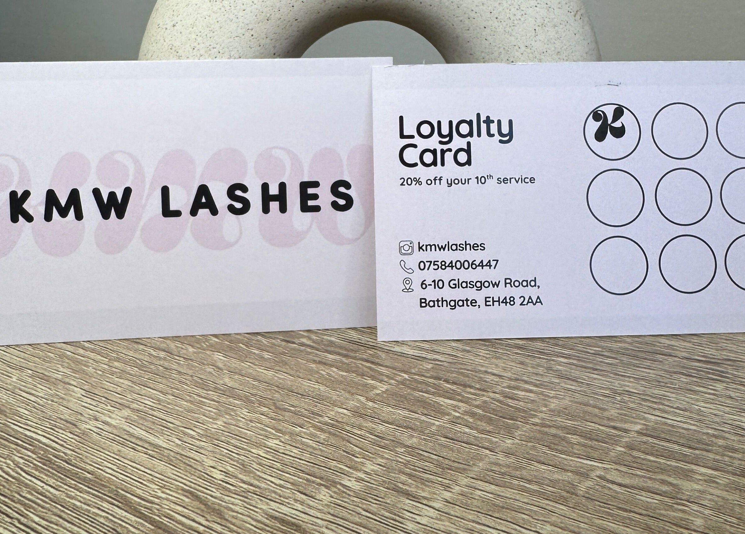 KMW Lashes loyalty card with address in Bathgate, Scotland, GB.