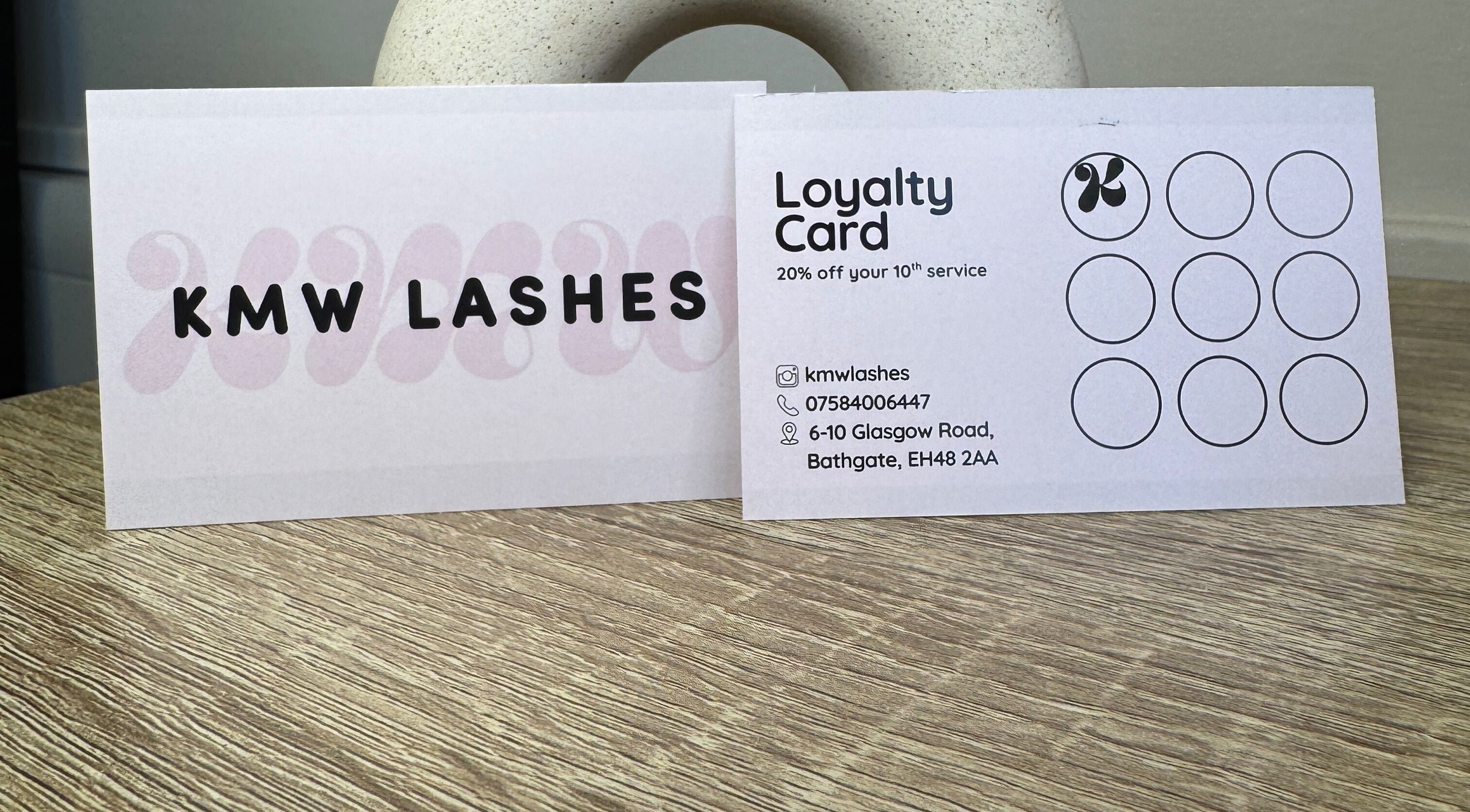 KMW Lashes loyalty card with address in Bathgate, Scotland, GB.