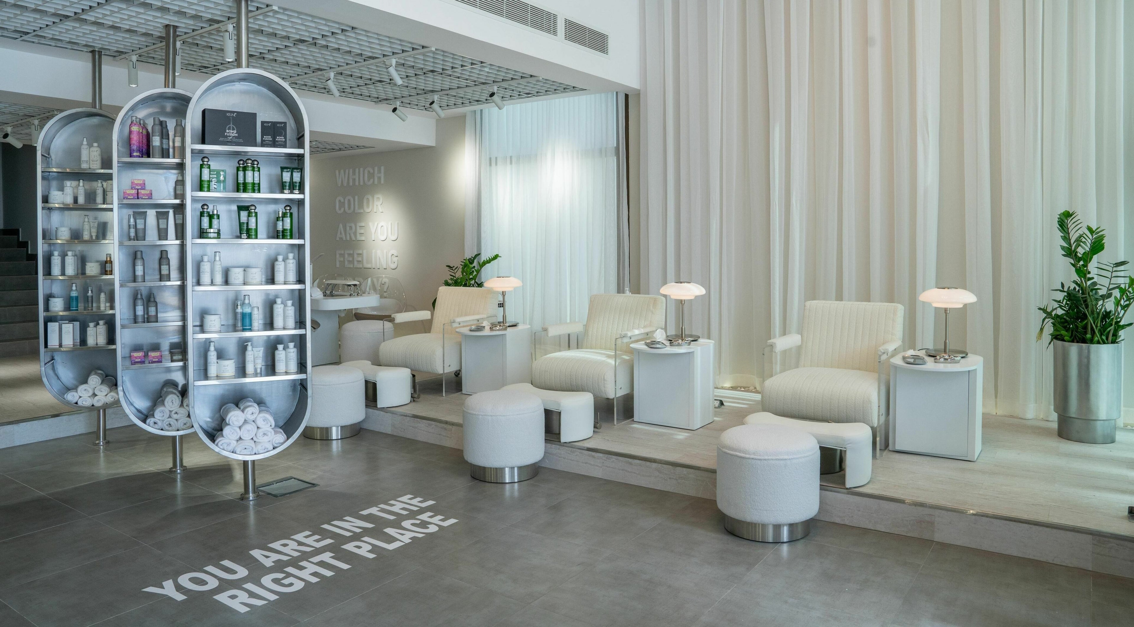 Luxurious seating and product display at Beauty&Co. Salon, Dhahran, Eastern Province, SA.