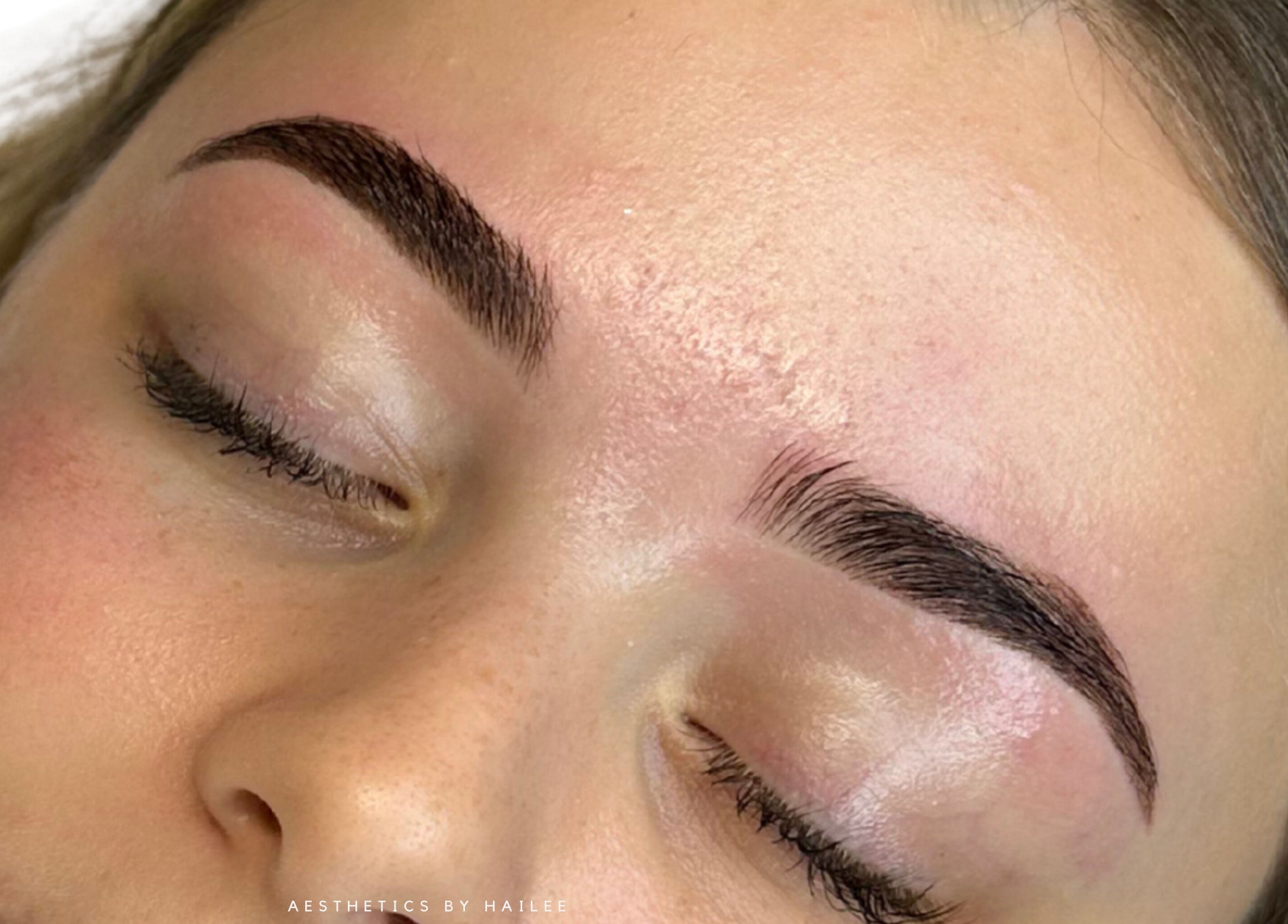 Close-up of microbladed brows at Aesthetics By Hailee, Red Beach, Auckland, NZ.
